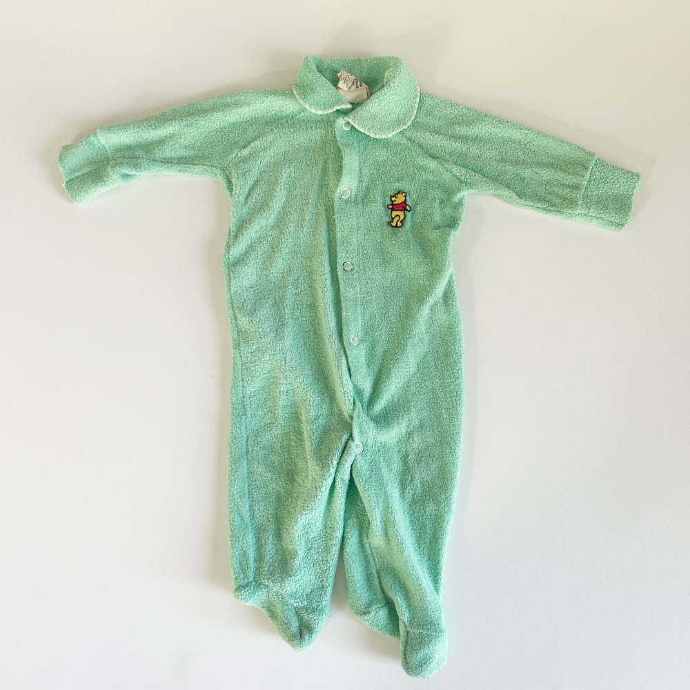 Sears Winnie the Pooh Baby Mint Green Terry Cloth Vintage Footed Romper Size 18M